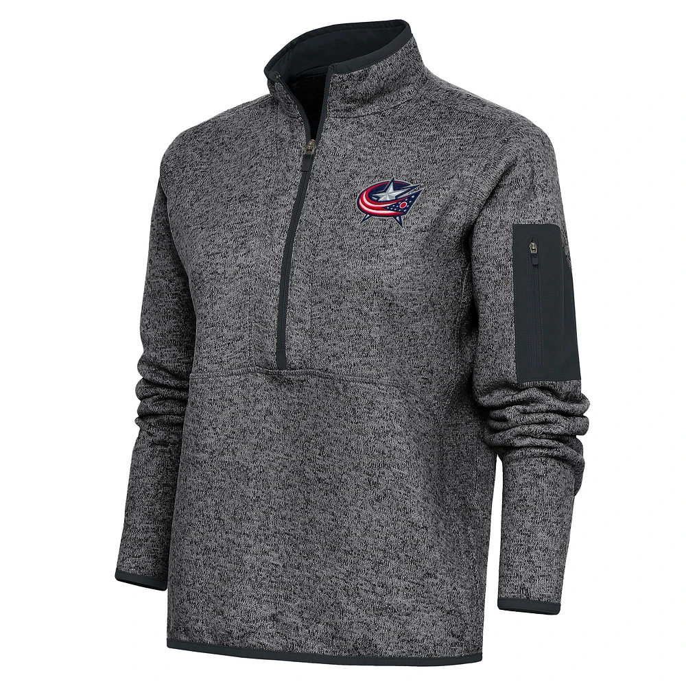 Women's Antigua Heather Charcoal Columbus Blue Jackets Team Logo Fortune Quarter-Zip Jacket