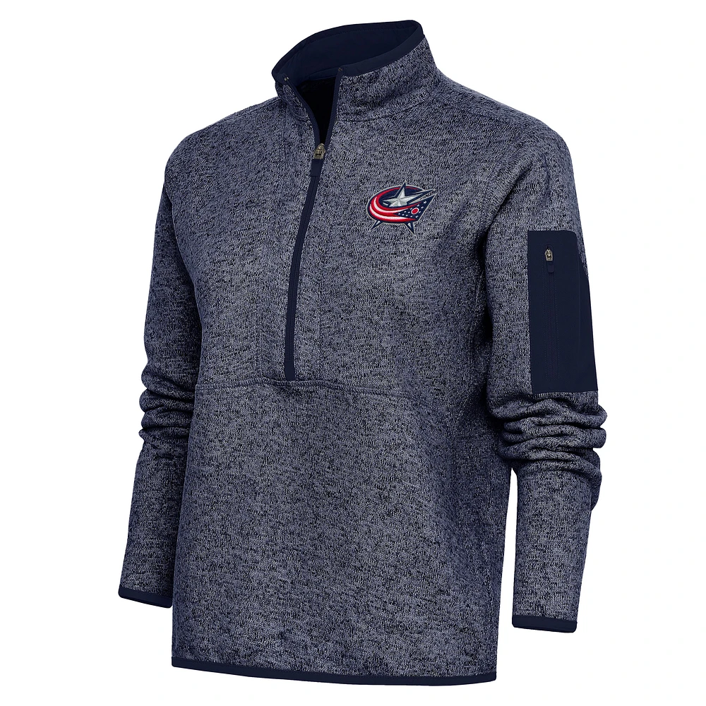 Women's Antigua Heather Navy Columbus Blue Jackets Team Logo Fortune Quarter-Zip Jacket