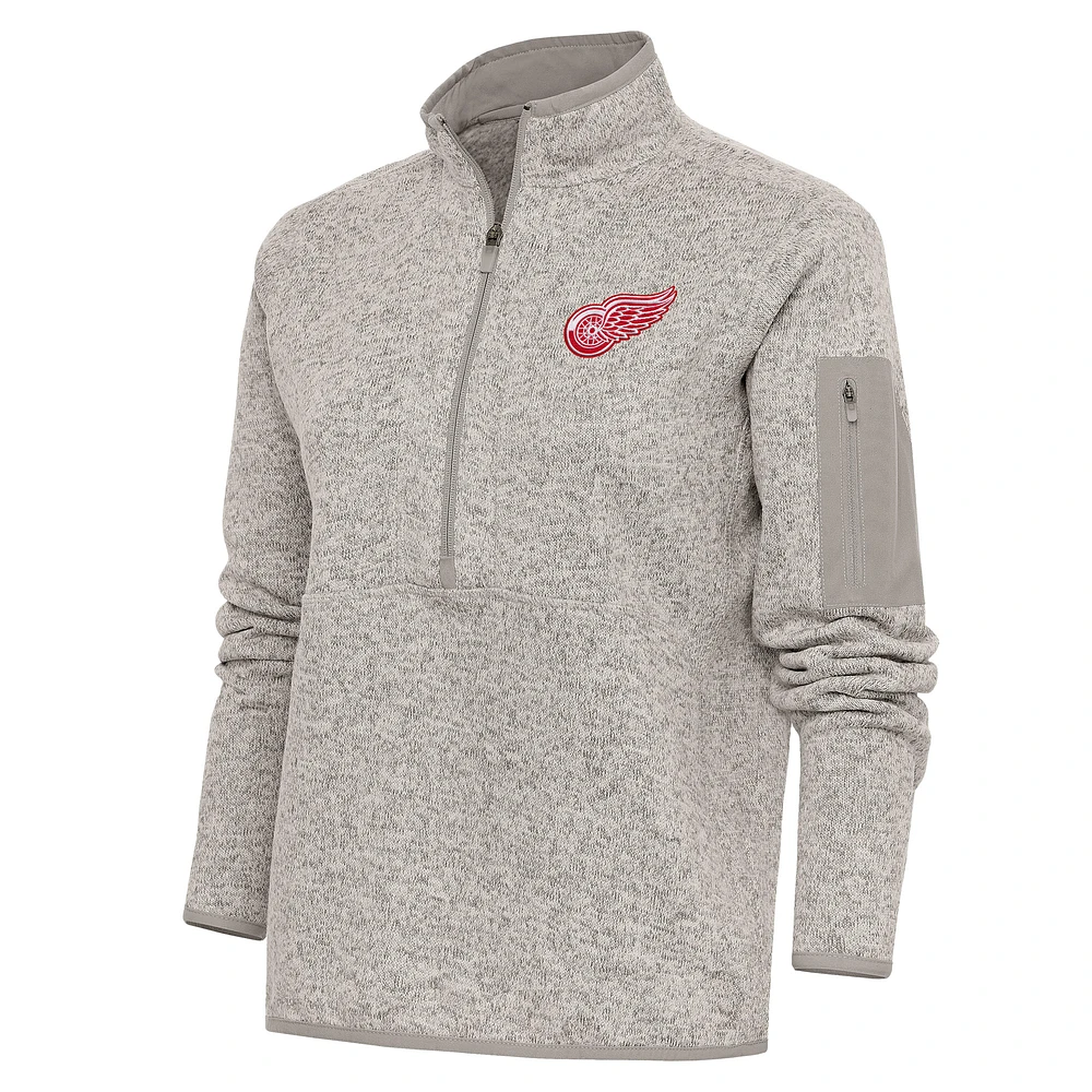 Women's Antigua Oatmeal Detroit Red Wings Team Logo Fortune Quarter-Zip Jacket