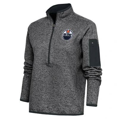 Women's Antigua Heather Charcoal Edmonton Oilers Team Logo Fortune Quarter-Zip Jacket