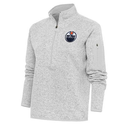 Women's Antigua Heather Gray Edmonton Oilers Team Logo Fortune Quarter-Zip Jacket
