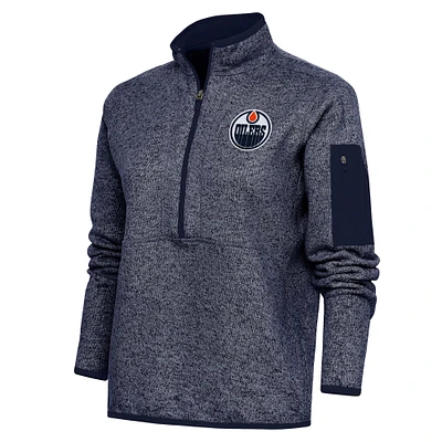 Women's Antigua Heather Navy Edmonton Oilers Team Logo Fortune Quarter-Zip Jacket