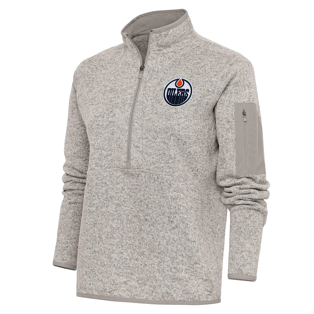 Women's Antigua Oatmeal Edmonton Oilers Team Logo Fortune Quarter-Zip Jacket