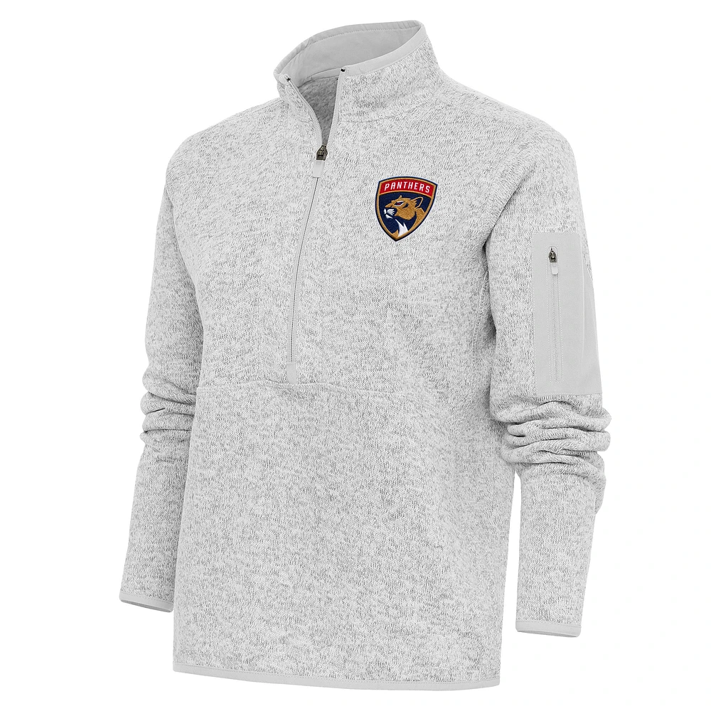 Women's Antigua Heather Gray Florida Panthers Team Logo Fortune Quarter-Zip Jacket