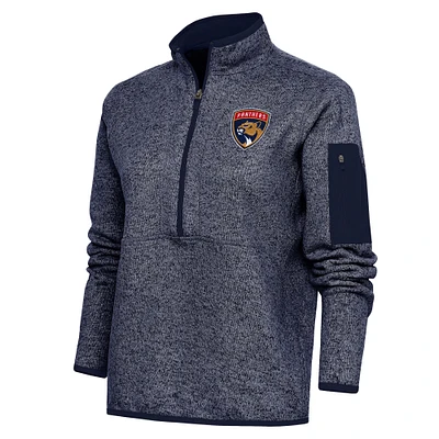 Women's Antigua Heather Navy Florida Panthers Team Logo Fortune Quarter-Zip Jacket