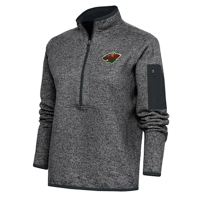 Women's Antigua Heather Charcoal Minnesota Wild Team Logo Fortune Quarter-Zip Jacket