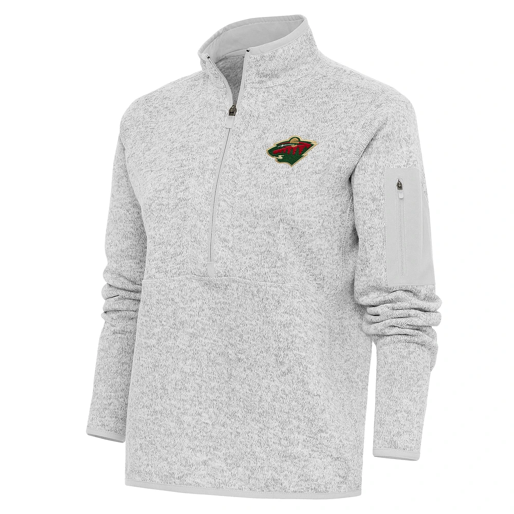 Women's Antigua Heather Gray Minnesota Wild Team Logo Fortune Quarter-Zip Jacket
