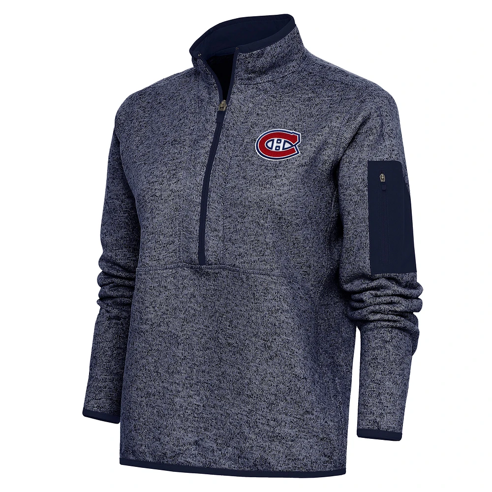 Women's Antigua Heather Navy Montreal Canadiens Team Logo Fortune Quarter-Zip Jacket