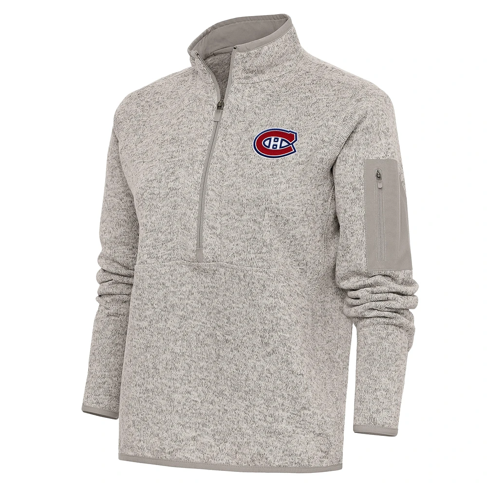 Women's Antigua Oatmeal Montreal Canadiens Team Logo Fortune Quarter-Zip Jacket