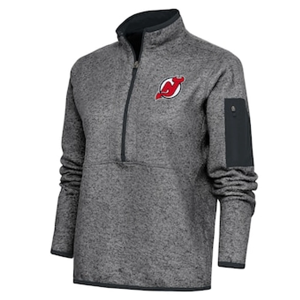 Women's Antigua Heather Charcoal New Jersey Devils Team Logo Fortune Quarter-Zip Jacket