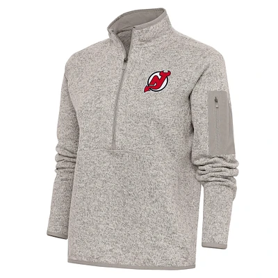 Women's Antigua Oatmeal New Jersey Devils Team Logo Fortune Quarter-Zip Jacket