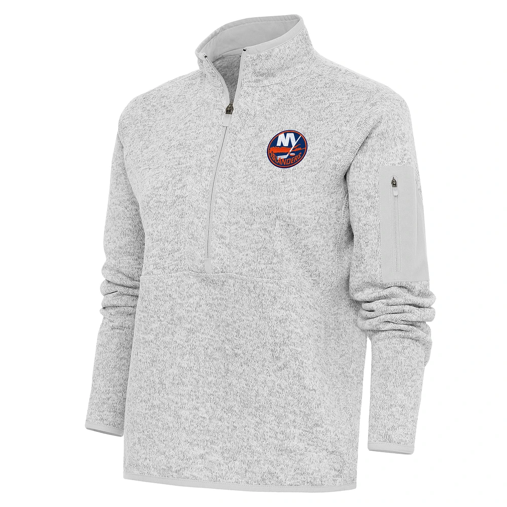 Women's Antigua Heather Gray New York Islanders Team Logo Fortune Quarter-Zip Jacket