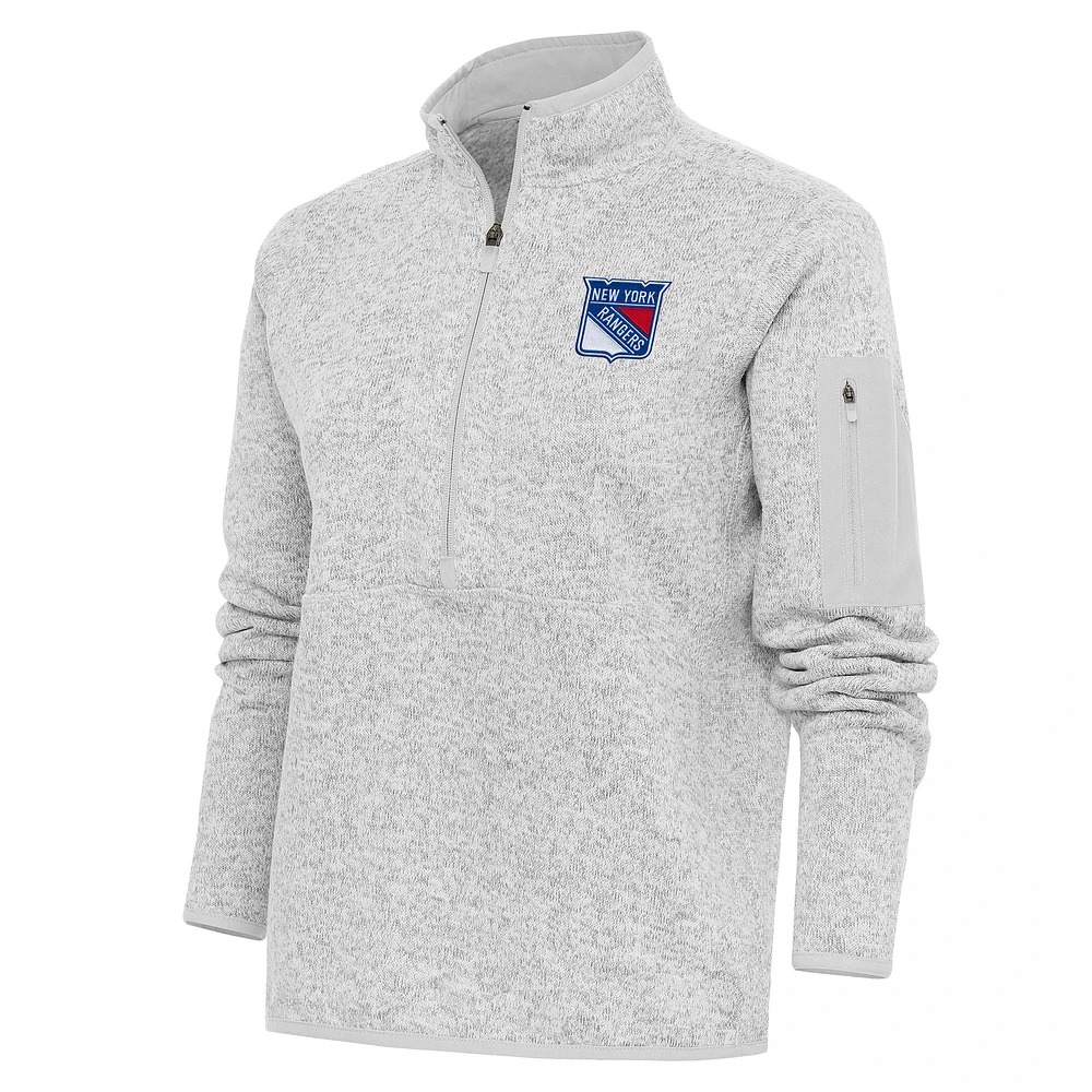 Women's Antigua Heather Gray New York Rangers Team Logo Fortune Quarter-Zip Jacket