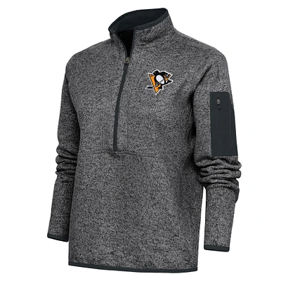 Women's Antigua Heather Charcoal Pittsburgh Penguins Team Logo Fortune Quarter-Zip Jacket