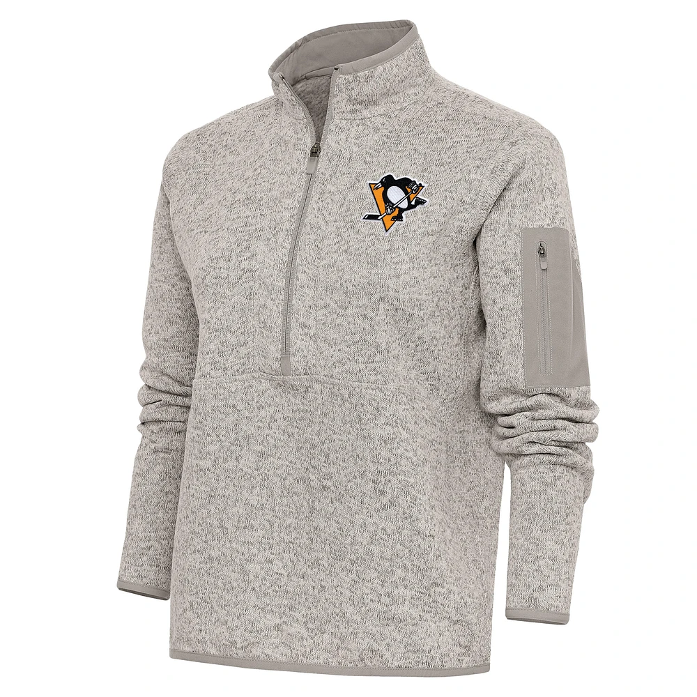 Women's Antigua Oatmeal Pittsburgh Penguins Team Logo Fortune Quarter-Zip Jacket