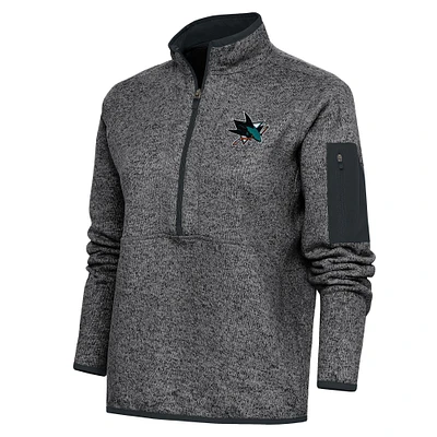 Women's Antigua Heather Charcoal San Jose Sharks Team Logo Fortune Quarter-Zip Jacket