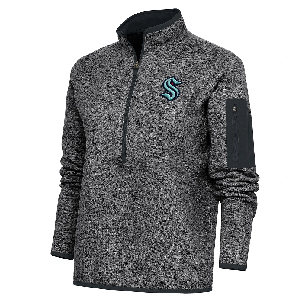 Women's Antigua Heather Charcoal Seattle Kraken Team Logo Fortune Quarter-Zip Jacket