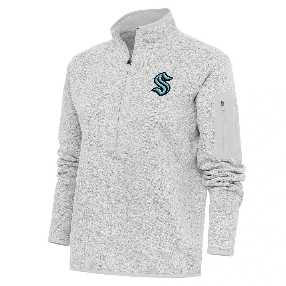 Women's Antigua Heather Gray Seattle Kraken Team Logo Fortune Quarter-Zip Jacket