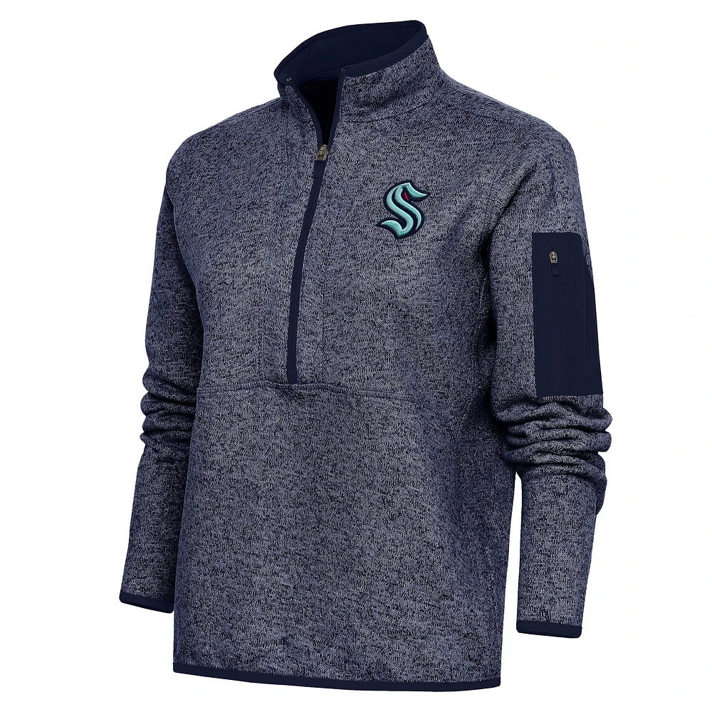 Women's Antigua Heather Navy Seattle Kraken Team Logo Fortune Quarter-Zip Jacket