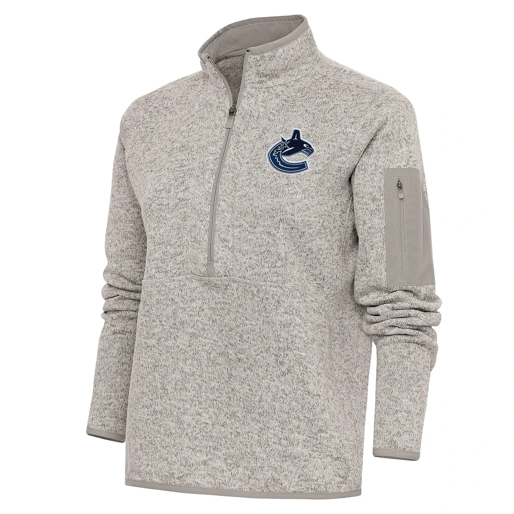 Women's Antigua Oatmeal Vancouver Canucks Team Logo Fortune Quarter-Zip Jacket