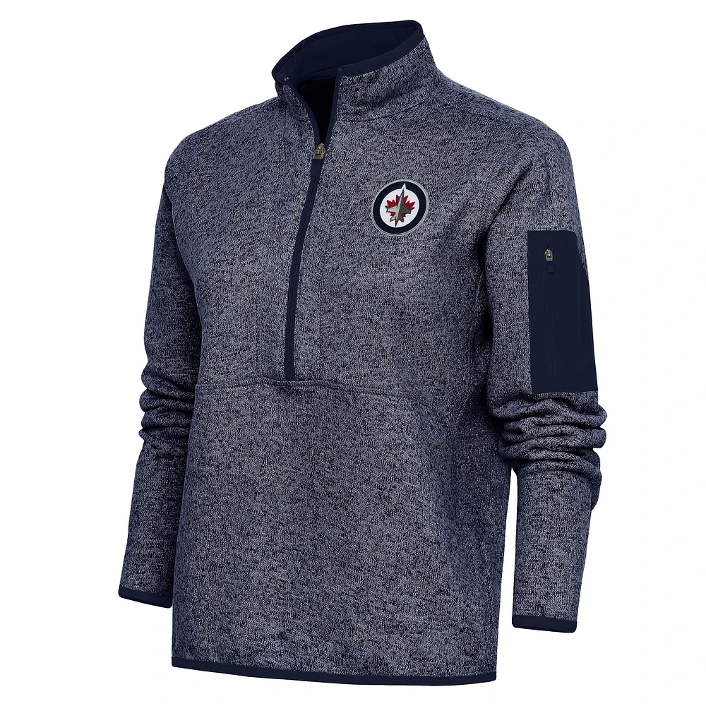 Women's Antigua Heather Navy Winnipeg Jets Team Logo Fortune Quarter-Zip Jacket