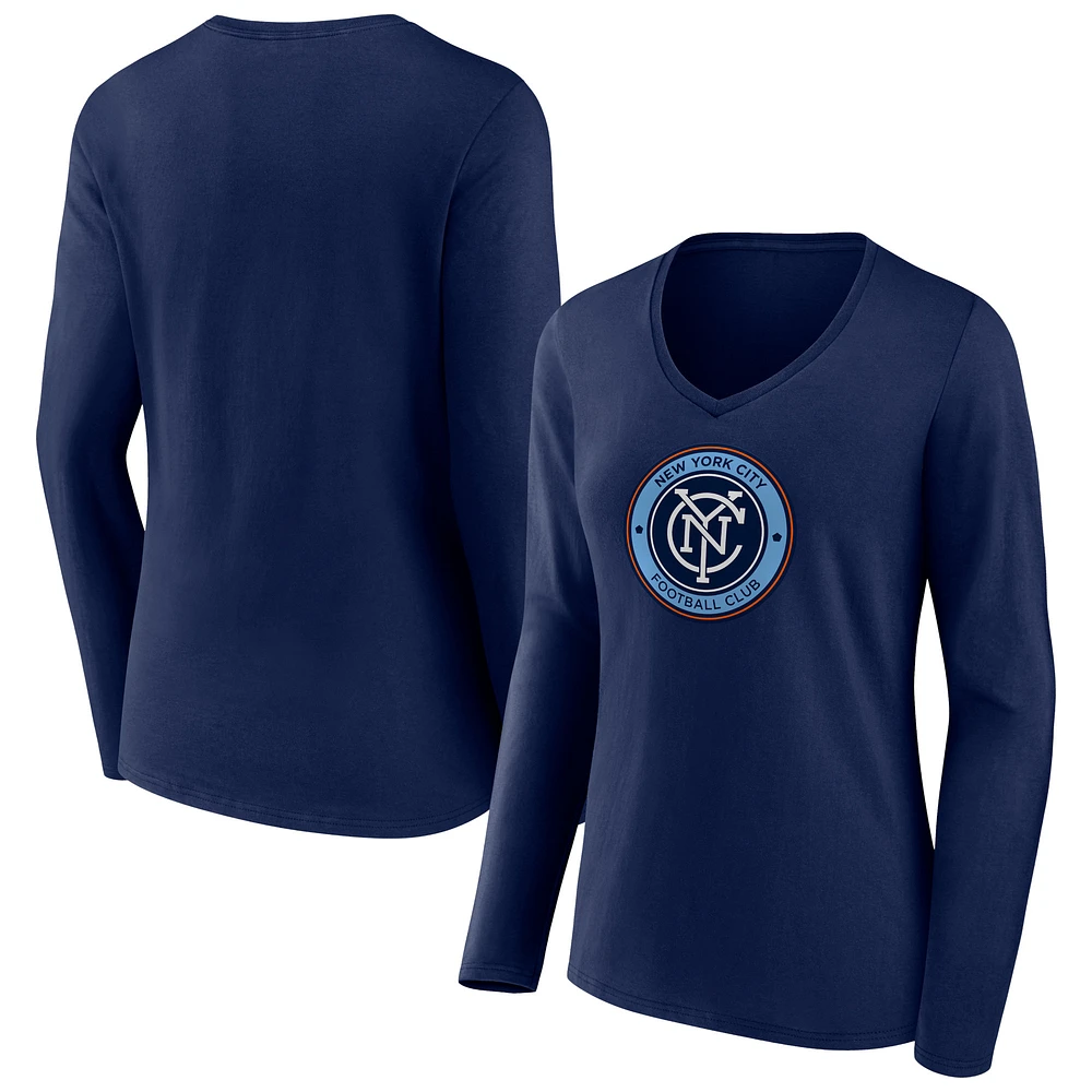 Women's Navy New York City FC Official Logo Long Sleeve V-Neck T-Shirt