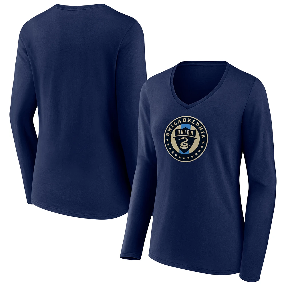 Women's Navy Philadelphia Union Official Logo Long Sleeve V-Neck T-Shirt
