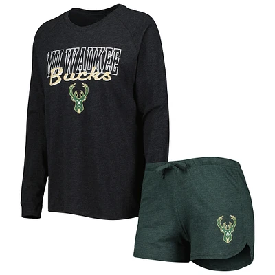 Women's Concepts Sport Heather Black/Heather Hunter Green Milwaukee Bucks Team Raglan Long Sleeve Top & Shorts Sleep Set