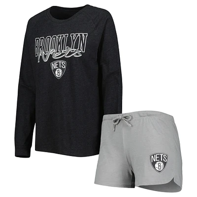 Women's Concepts Sport Heather Black/Heather Gray Brooklyn Nets Team Raglan Long Sleeve Top & Shorts Sleep Set