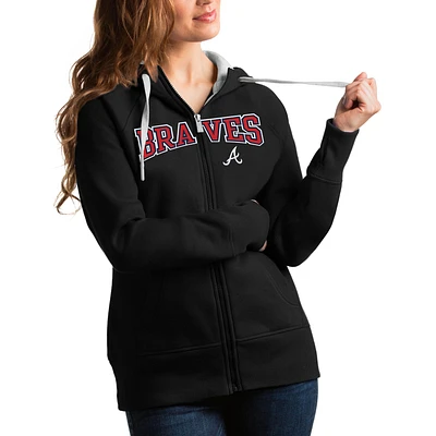 Women's Antigua Black Atlanta Braves Team Logo Victory Full-Zip Hoodie