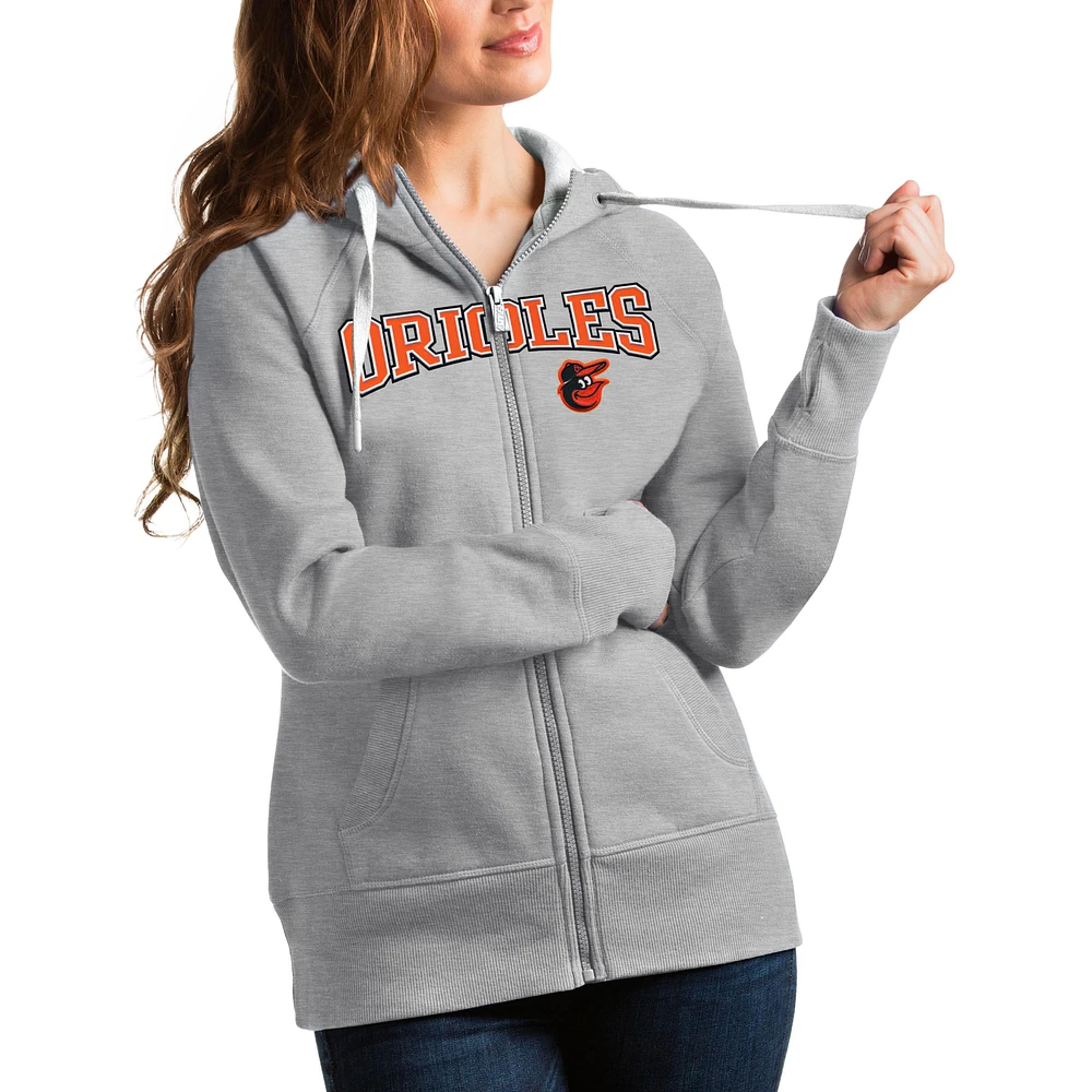 Women's Antigua Heather Gray Baltimore Orioles Team Logo Victory Full-Zip Hoodie