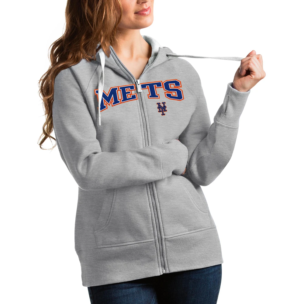 Women's Antigua Heather Gray New York Mets Team Logo Victory Full-Zip Hoodie
