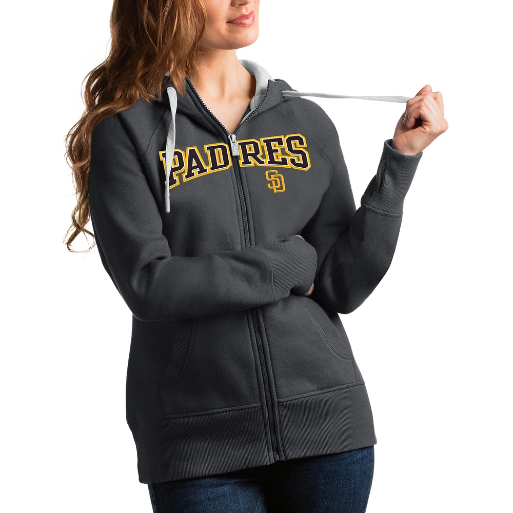 Women's Antigua Charcoal San Diego Padres Team Logo Victory Full-Zip Hoodie