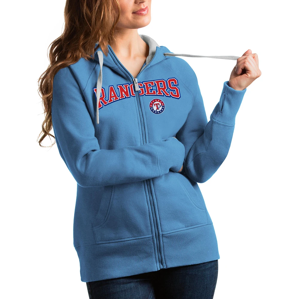 Women's Antigua Light Blue Texas Rangers Team Logo Victory Full-Zip Hoodie