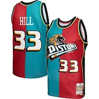 Men's Mitchell & Ness Grant Hill Teal/Red Detroit Pistons Hardwood Classics 1999/00 Split Swingman Jersey