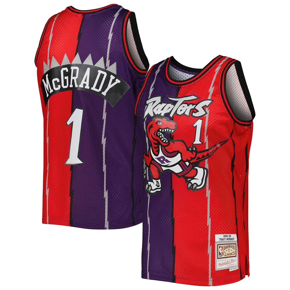 Men's Mitchell & Ness Tracy McGrady Purple/Red Toronto Raptors Hardwood Classics 1998/99 Split Swingman Jersey