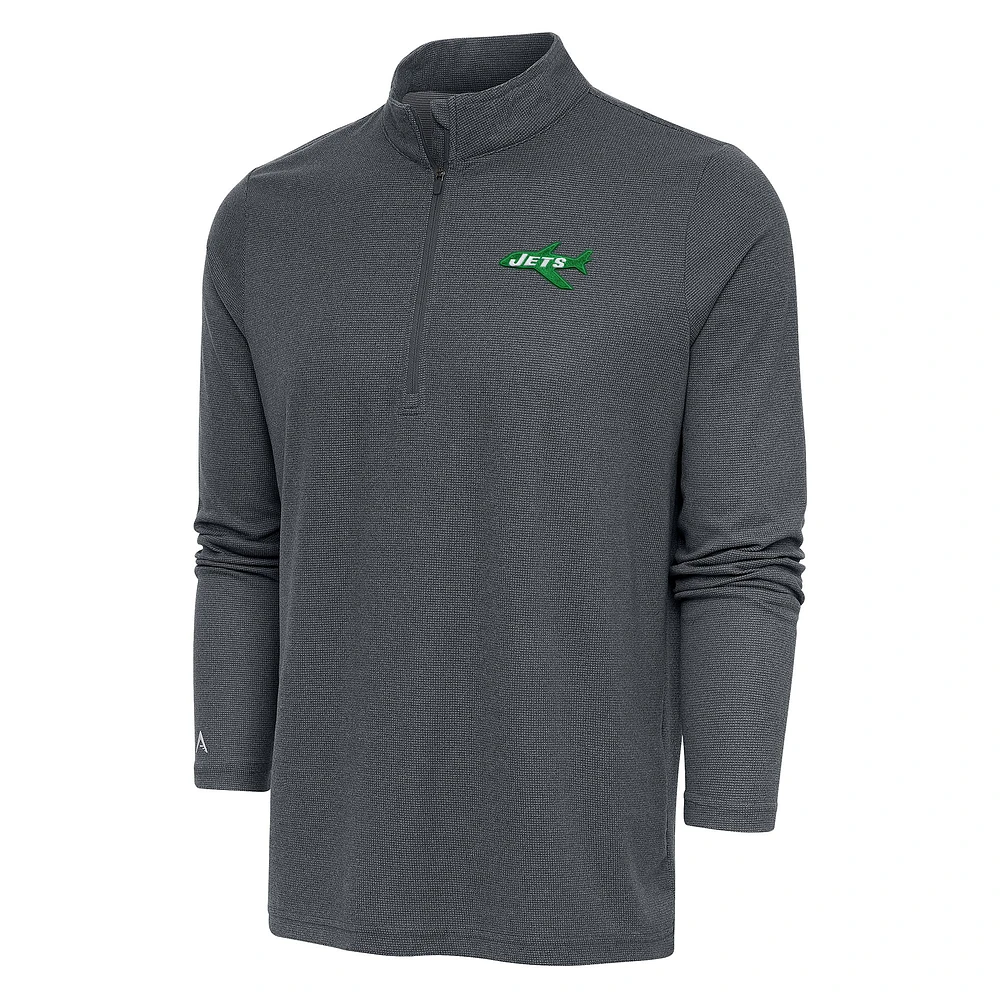 Men's Antigua Heather Charcoal New York Jets Team Logo Throwback Quarter-Zip Pullover Top