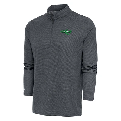 Men's Antigua Heather Charcoal New York Jets Team Logo Throwback Quarter-Zip Pullover Top