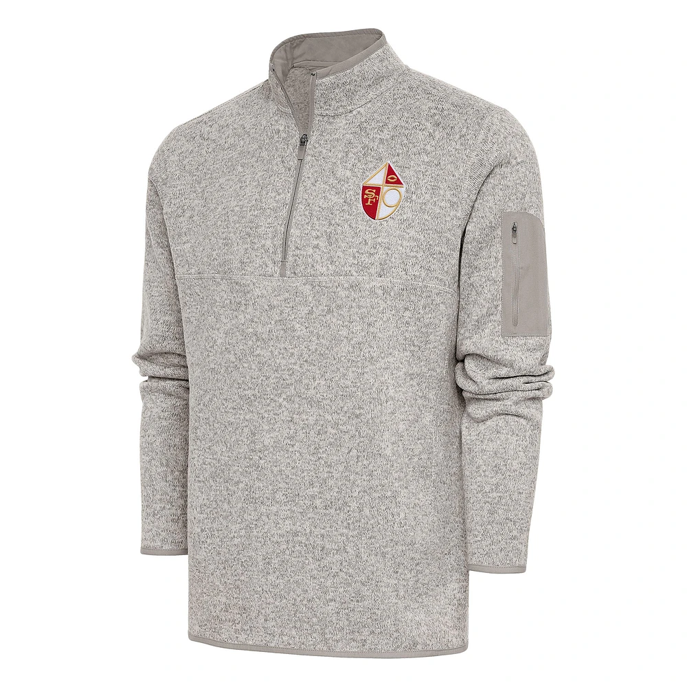 Men's Antigua Oatmeal San Francisco 49ers Throwback Fortune Quarter-Zip Pullover Jacket