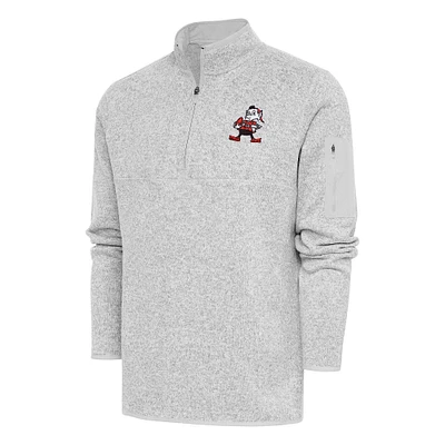 Men's Antigua Heather Gray Cleveland Browns Throwback Fortune Quarter-Zip Pullover Jacket