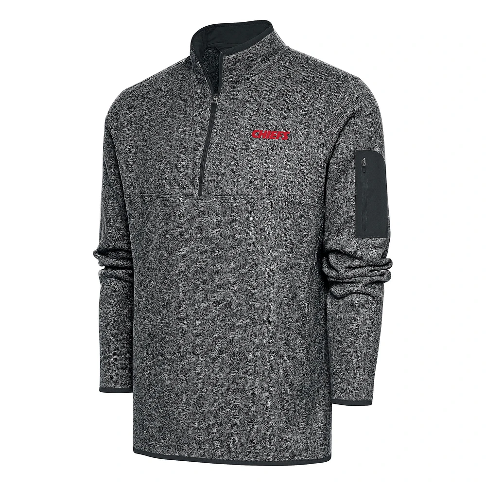Men's Antigua Heather Charcoal Kansas City Chiefs Throwback Fortune Quarter-Zip Pullover Jacket