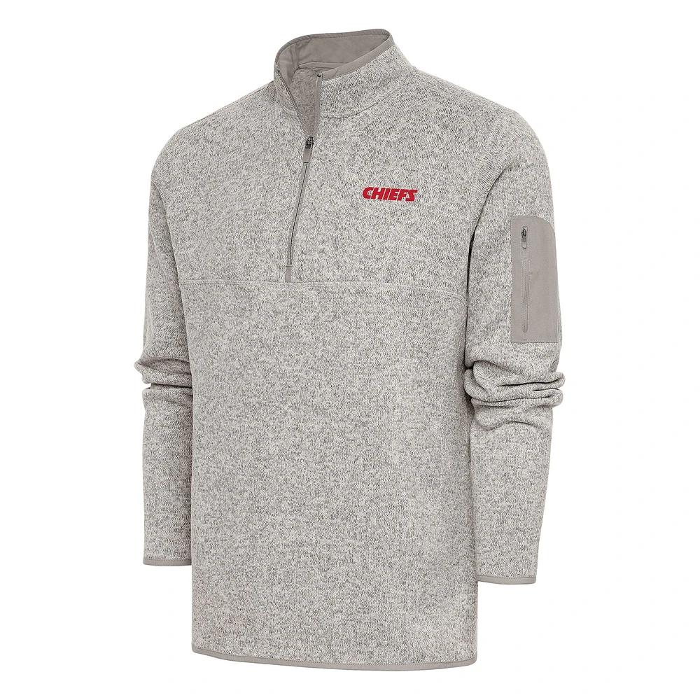 Men's Antigua Oatmeal Kansas City Chiefs Throwback Fortune Quarter-Zip Pullover Jacket