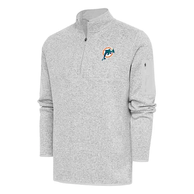 Men's Antigua Heather Gray Miami Dolphins Throwback Fortune Quarter-Zip Pullover Jacket