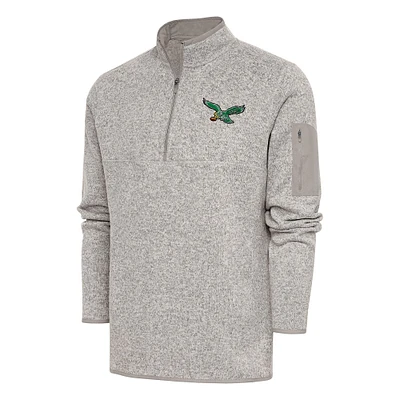 Men's Antigua Oatmeal Philadelphia Eagles Throwback Fortune Quarter-Zip Pullover Jacket