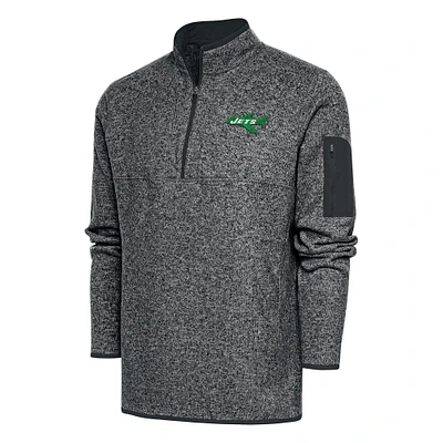 Men's Antigua Heather Charcoal New York Jets Throwback Fortune Quarter-Zip Pullover Jacket