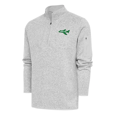 Men's Antigua Heather Gray New York Jets Throwback Fortune Quarter-Zip Pullover Jacket