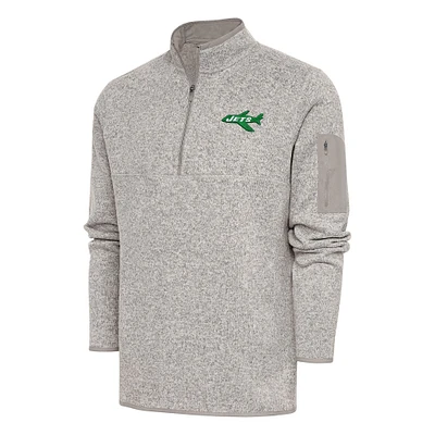 Men's Antigua Oatmeal New York Jets Throwback Fortune Quarter-Zip Pullover Jacket