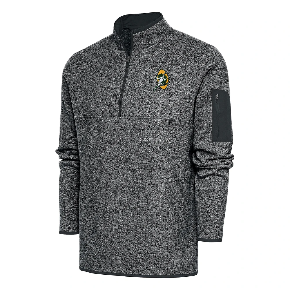 Men's Antigua Heather Charcoal Green Bay Packers Throwback Fortune Quarter-Zip Pullover Jacket