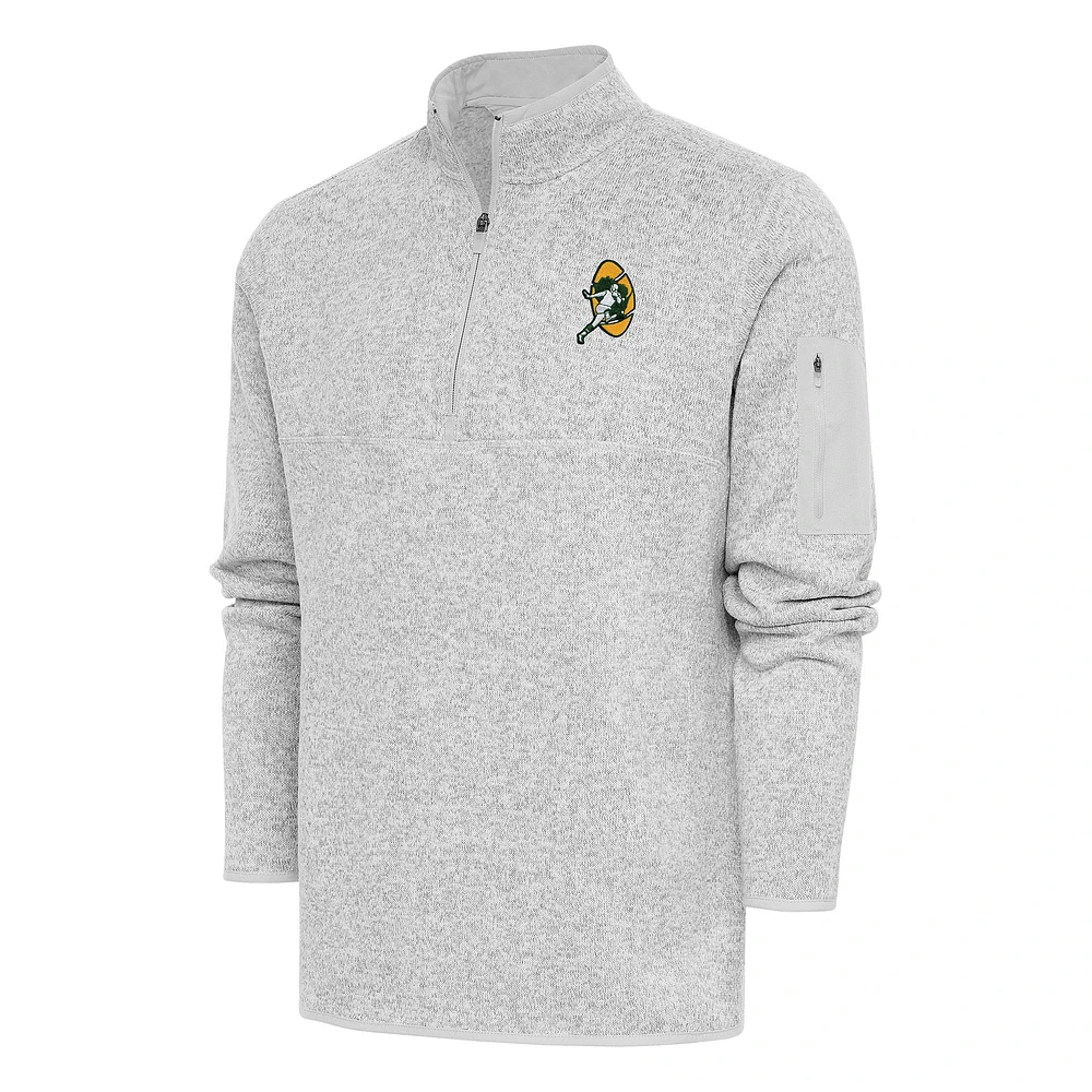 Men's Antigua Heather Gray Green Bay Packers Throwback Fortune Quarter-Zip Pullover Jacket