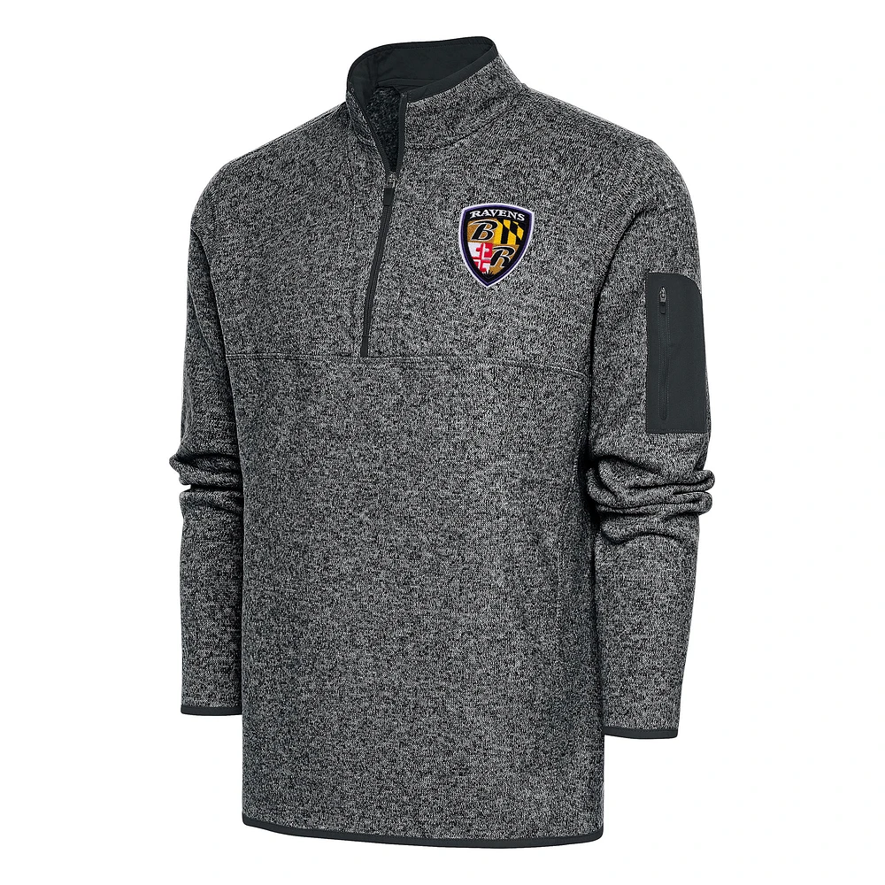 Men's Antigua Heather Charcoal Baltimore Ravens Throwback Fortune Quarter-Zip Pullover Jacket